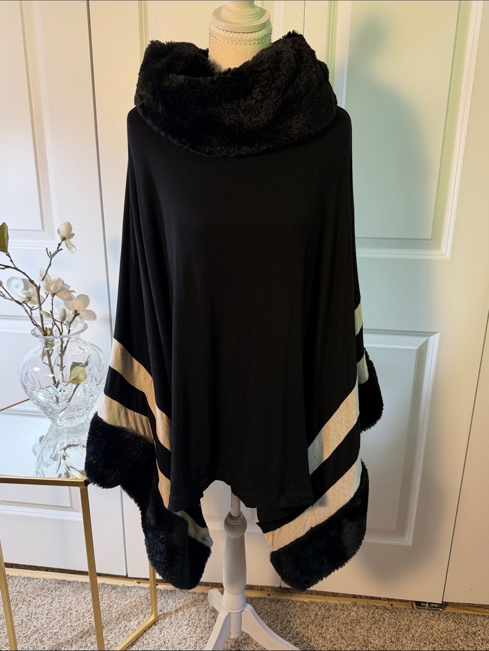 Saks Fifth Avenue Black Faux Fur Trim Poncho with Cream Stripes